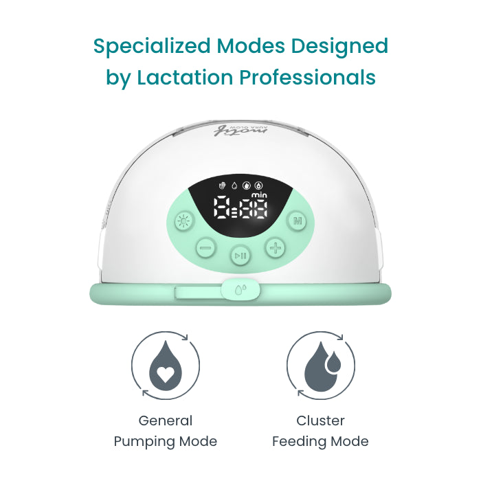 The Motif Aura Glow Wearable Breast Pump by Motif with a digital display and mint green buttons is shown. Text above says Specialized Modes Designed by Lactation Professionals. Icons below indicate General and Cluster Feeding Modes.