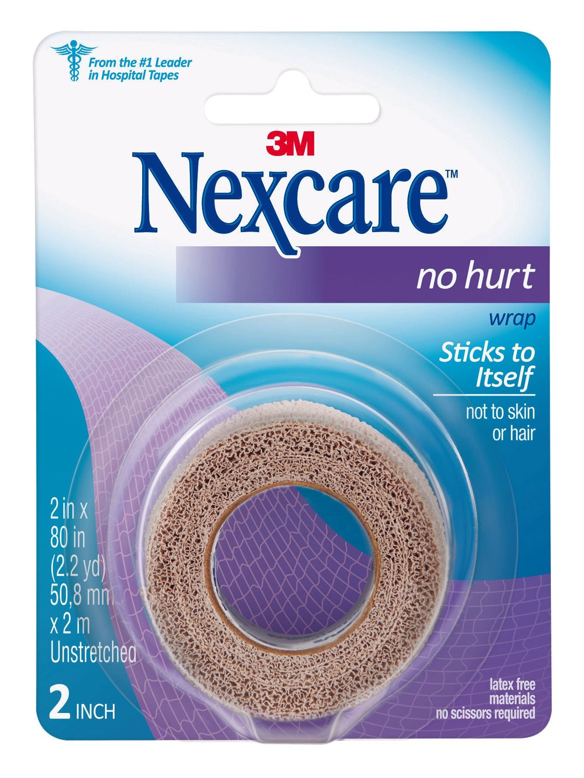 Nexcare No Hurt Cohesive Bandage, Self-Adherent Closure, 2 x 80", Tan, Nonwoven, Nonsterile, Standard Compression - NHT-2-Single - LL Medico