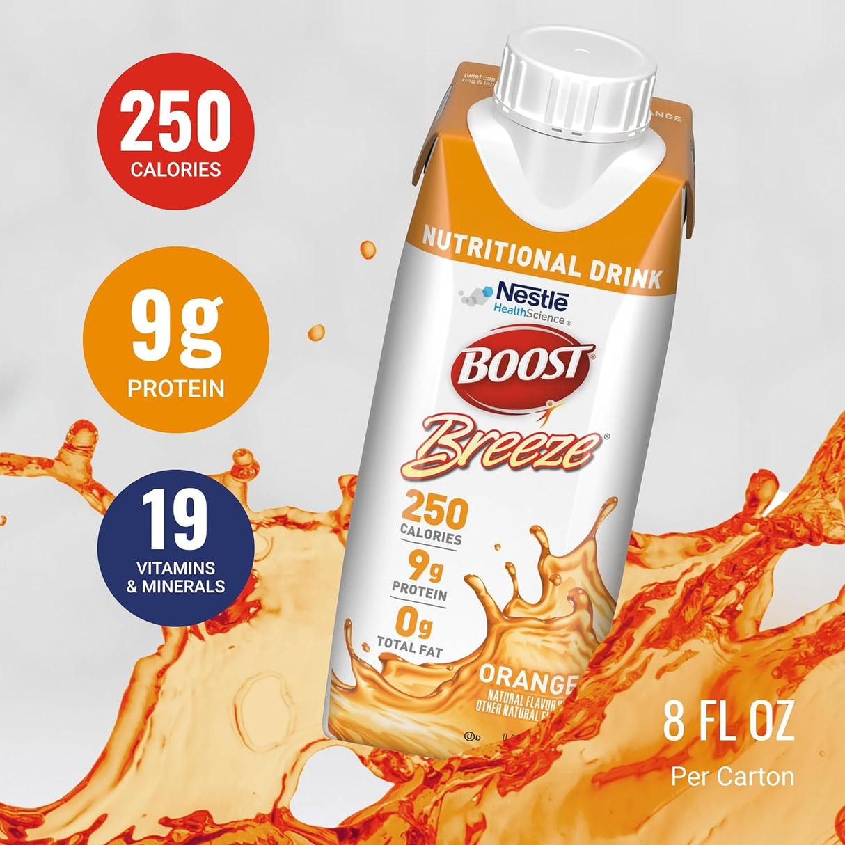 A carton of Nestle Boost Breeze, Orange, 8 oz (Nestle Nutrition) is shown with splashing liquid. Highlights: 250 calories, 9g protein, 19 vitamins & minerals per carton. CS/24.