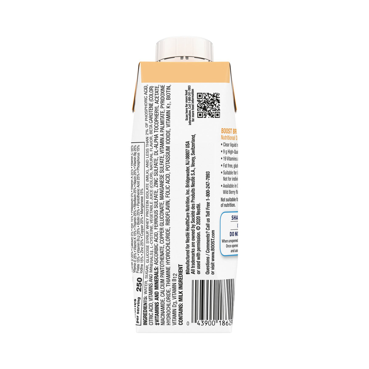 A Nestle Nutrition Boost Breeze, Orange, 8 oz carton (case of 24) shows its side panel with ingredients, nutrition facts, QR code, and instructions in black on white. The cap and part of the front label are visible at the top.