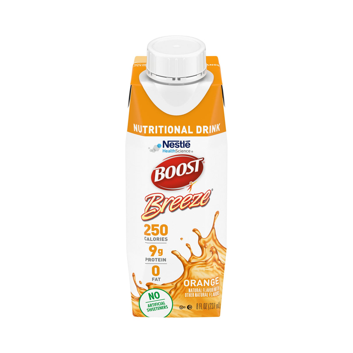 A carton of Nestle Boost Breeze, Orange (8 oz, CS/24) by Nestle Nutrition is shown on a white and orange background, featuring 250 calories, 9g protein, 0g fat, no artificial sweeteners, and the Nestle Health Science logo.
