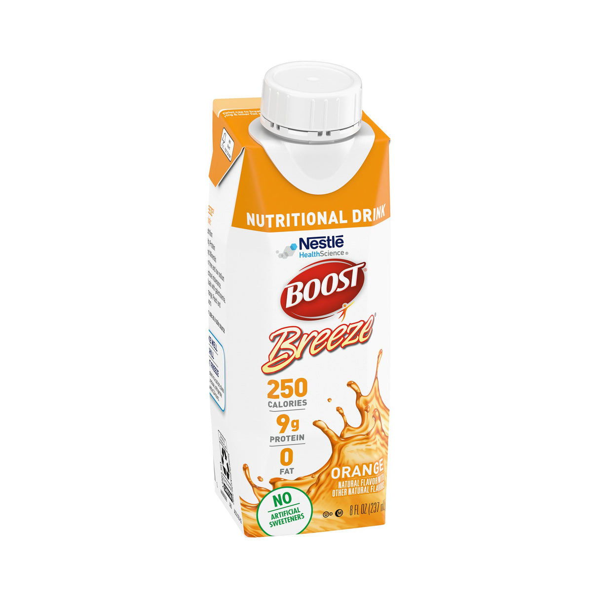 Nestle Nutrition Boost Breeze Orange, 8 oz carton (CS/24): 250 calories, 9g protein, 0g fat, no artificial sweeteners. The orange and white carton highlights key nutrition facts.