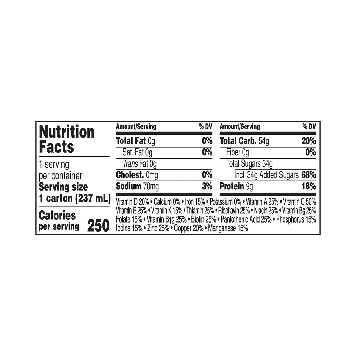 Black and white nutrition label for an 8 oz Nestle Boost Breeze Orange drink by Nestle Nutrition, CS/24. Each serving: 250 calories, 54g carbs, 32g sugars (68% DV), 9g protein (18% DV), 70mg sodium, plus vitamins and minerals.