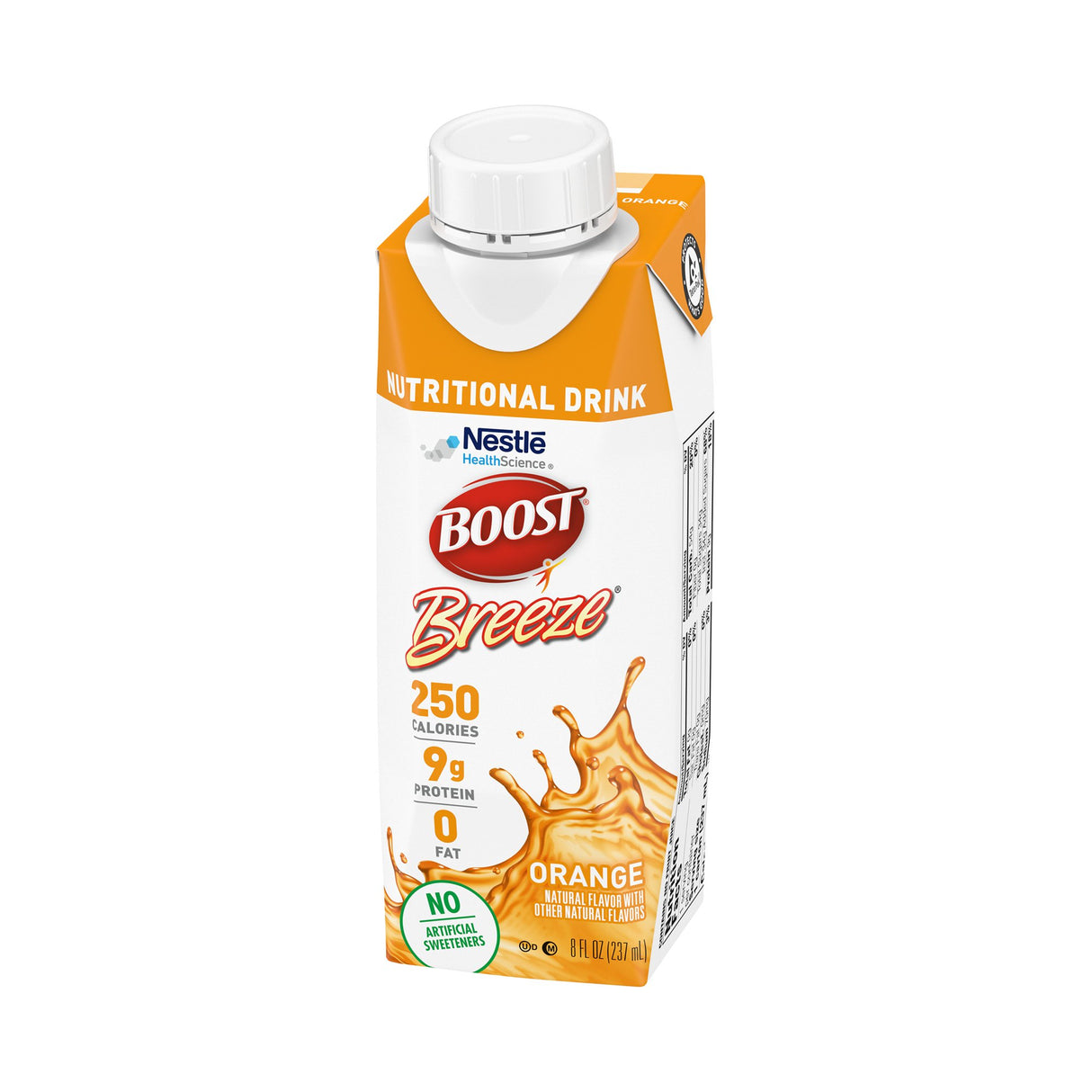 A carton of Nestle Nutrition Boost Breeze Orange, 8 oz, provides 250 calories, 9g protein, 0g fat per serving, and contains no artificial sweeteners. The orange and white packaging highlights its refreshing taste. CS/24.