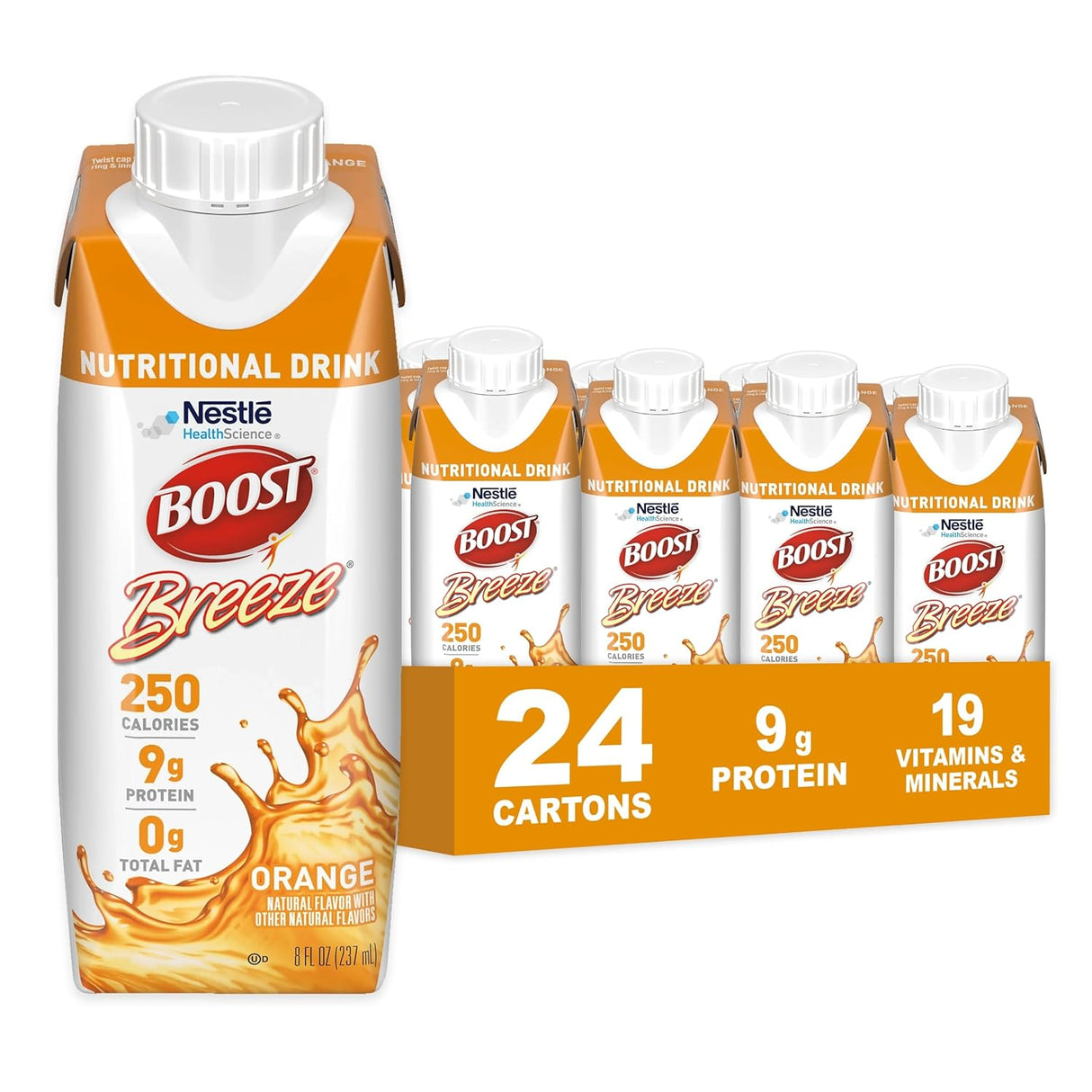 A case of 24 Nestle Nutrition Boost Breeze Orange 8 oz cartons is shown, each providing 250 calories, 9g protein, no fat, and 19 vitamins & minerals. One carton sits in front with orange liquid splashing.