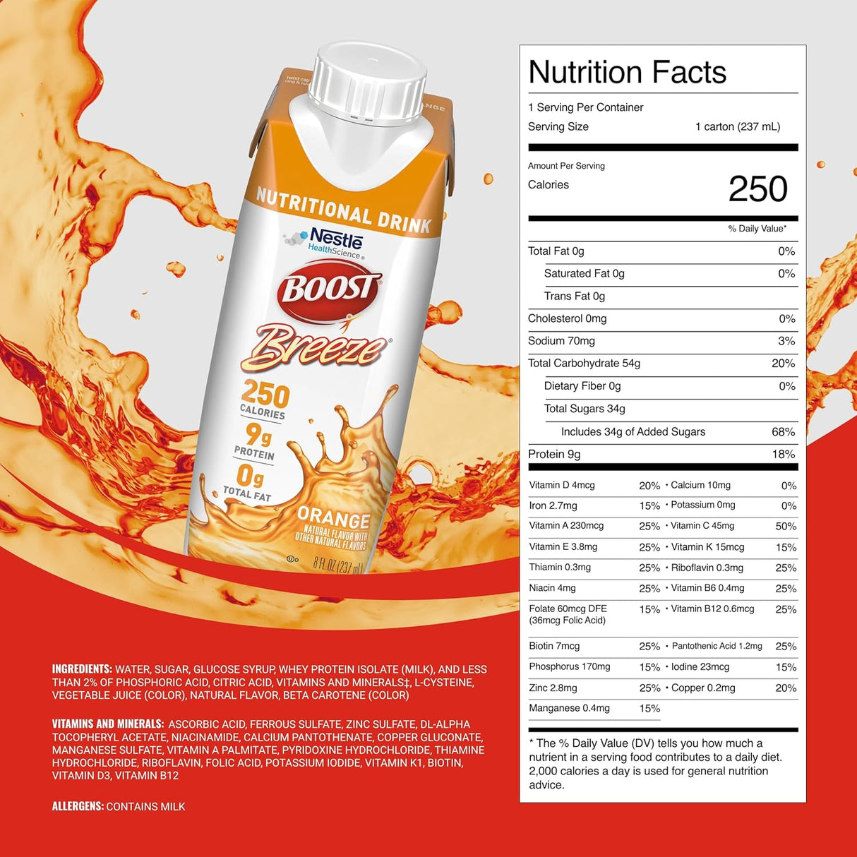 A Nestle Boost Breeze Orange 8 oz carton by Nestle Nutrition is placed against an orange splash background, with nutrition facts, ingredients, vitamins, minerals, and allergen details shown next to the carton. Available in case of 24.