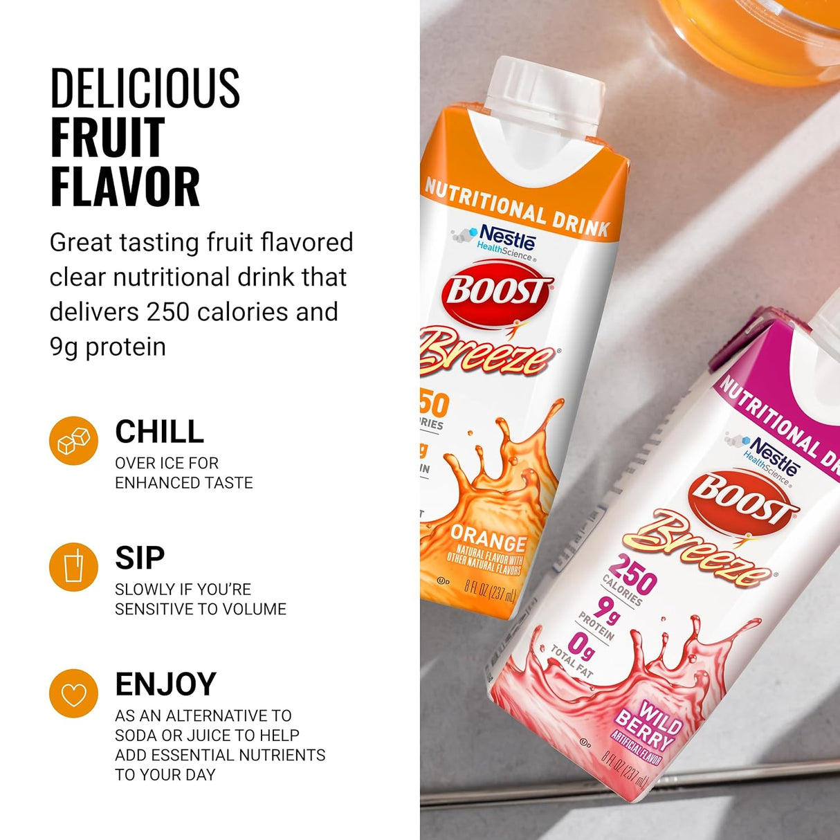 Two Nestle Nutrition Boost Breeze Variety Pack 8 oz cartons sit on a counter. Text highlights 250 calories, 9g protein, and suggests serving chilled, sipping slowly, or using as a juice alternative.