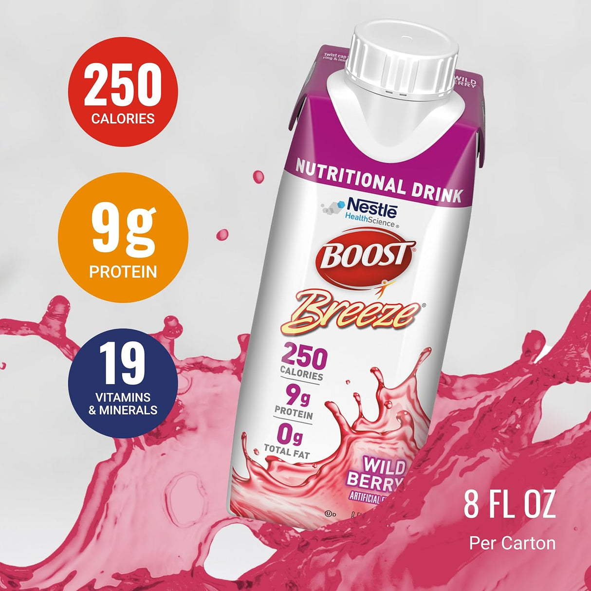 A carton of Nestle Boost Breeze Wild Berry by Nestle Nutrition is shown with pink liquid splashes. Text highlights 250 calories, 9g protein, 19 vitamins & minerals, and each CS/24 includes 8 oz cartons. Nestlé Health Science logo appears.