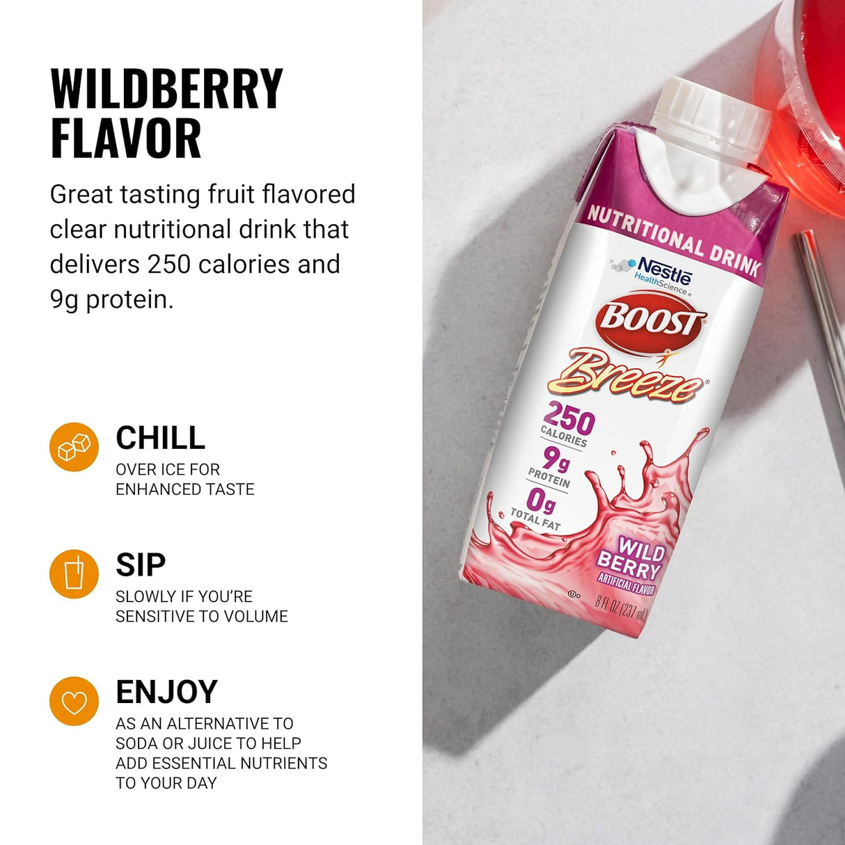 A Nestle Nutrition Boost Breeze, Wild Berry 8 oz carton (CS/24) sits next to a cup of pink drink, featuring 250 calories and 9g protein. Text suggests chilling, sipping, and enjoying the wild berry flavor.