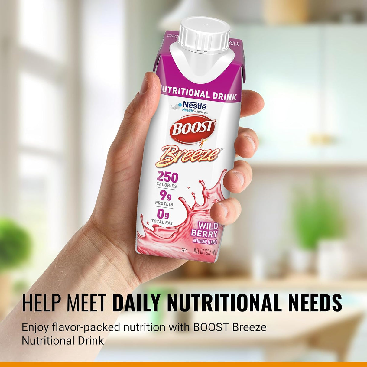 A hand holds a Nestle Nutrition Boost Breeze, Wild Berry, 8 oz carton (CS/24), showing 250 calories, 9g protein, and 0g fat. Text below states: Help meet daily nutritional needs.