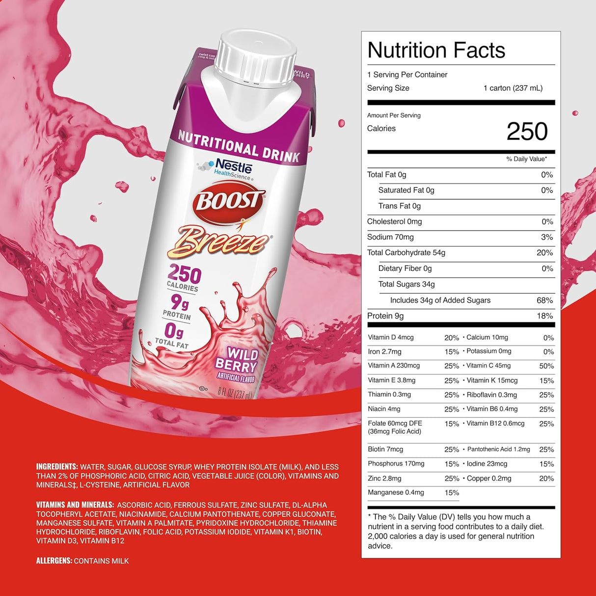 A Nestle Nutrition Boost Breeze Wild Berry 8 oz carton (CS/24) is shown on a red background with nutrition facts, ingredients, allergens, and vitamin panels beside it. The carton lists 250 calories and 9g protein per serving.