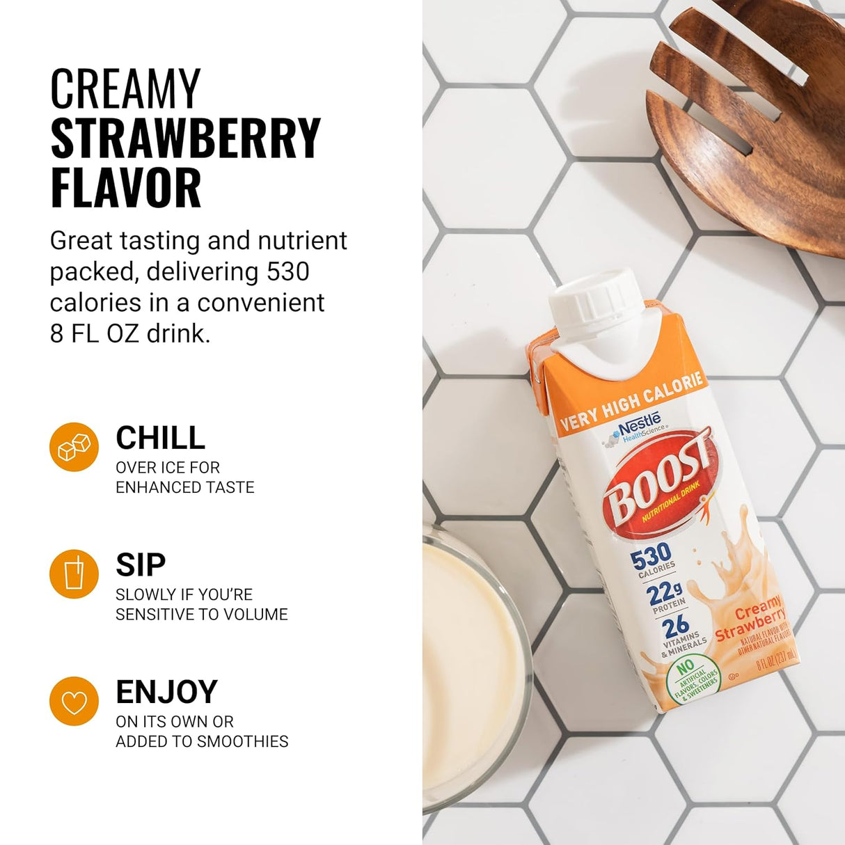A carton of Nestle Nutrition Boost Very High Calorie (VHC) Strawberry, 8 oz, CS/24 rests on white hexagon tiles beside a wooden spoon and bowl. Text highlights its strawberry flavor, calorie content, and serving suggestions.