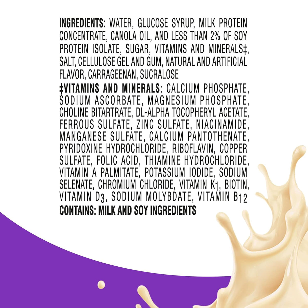 Nestle Boost Women Balanced Nutritional Drink, Very Vanilla, 8 oz bottle (CS/24) by Nestle Nutrition—ingredient and vitamin label shown with a creamy beverage splash and a purple wave, emphasizing bone health support.