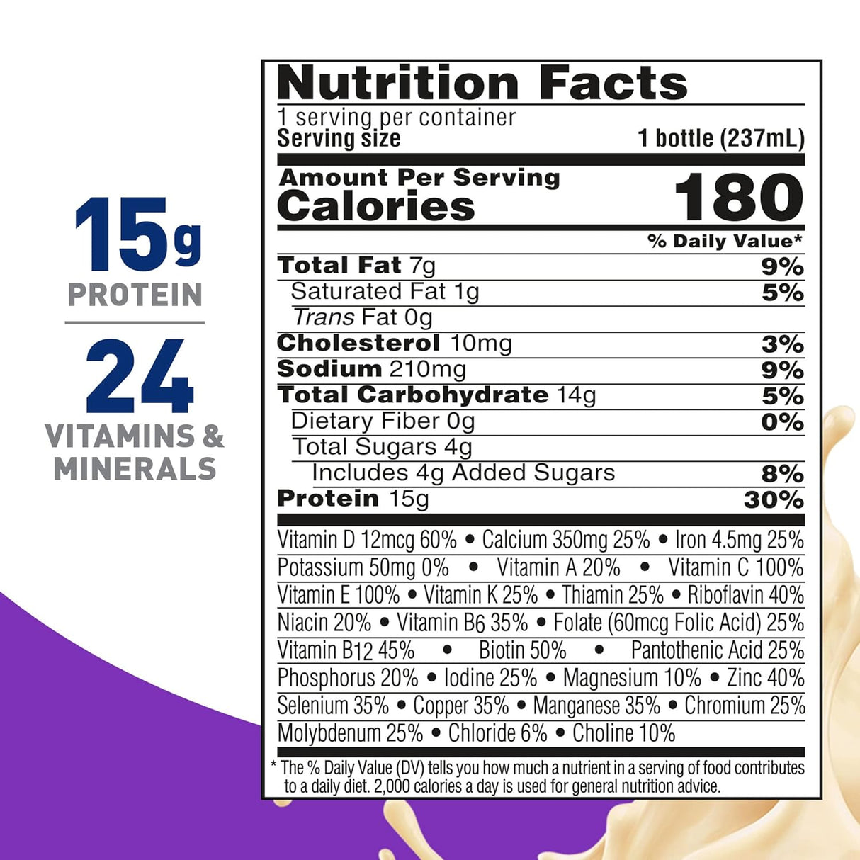 The nutrition facts label on Nestle Boost Women Balanced Nutritional Drink, Very Vanilla (8 oz) by Nestle Nutrition shows 15g protein for bone health and 24 vitamins & minerals per serving; ingredients/percentages are listed with a white splash at the bottom right.