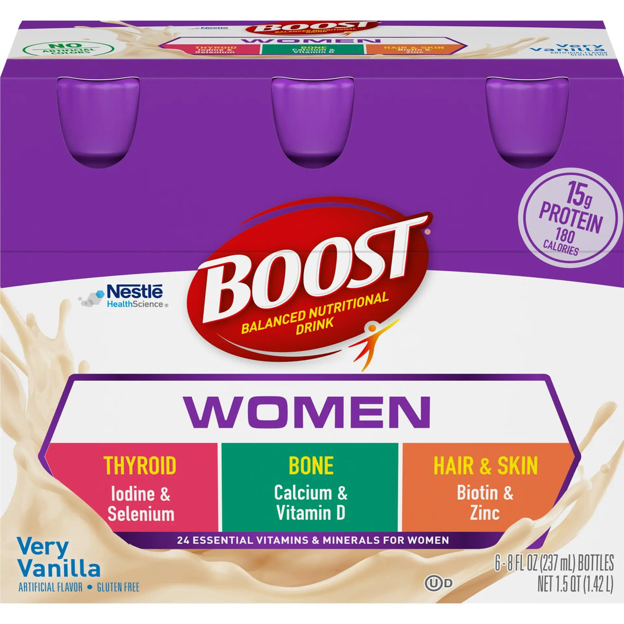 Nestle Boost Women Balanced Nutritional Drink, Very Vanilla, 8 oz bottle, CS/24 by Nestle Nutrition. Formulated for womens bone health, thyroid, and hair & skin support with 15g protein per bottle. Packaging features mainly purple and white colors.