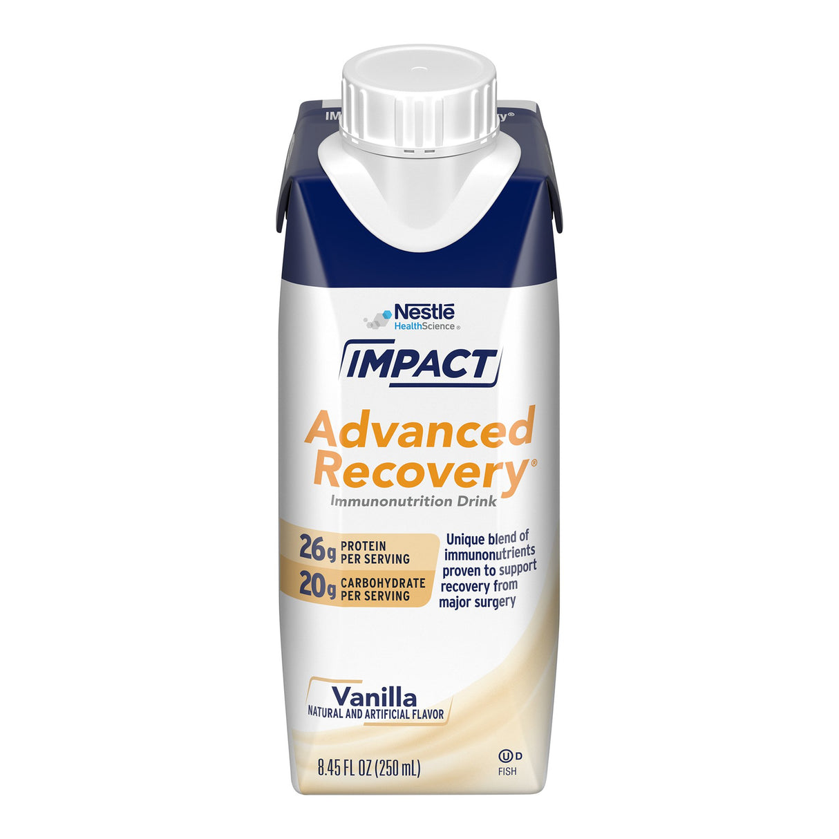 A case of 10 Nestle Impact Advanced Recovery Immunonutrition Drinks, vanilla flavor, each 8.45 fl oz (250 ml), from Nestle Nutrition, provides immunonutrition support with 26g protein and 20g carbs per serving for wound healing.