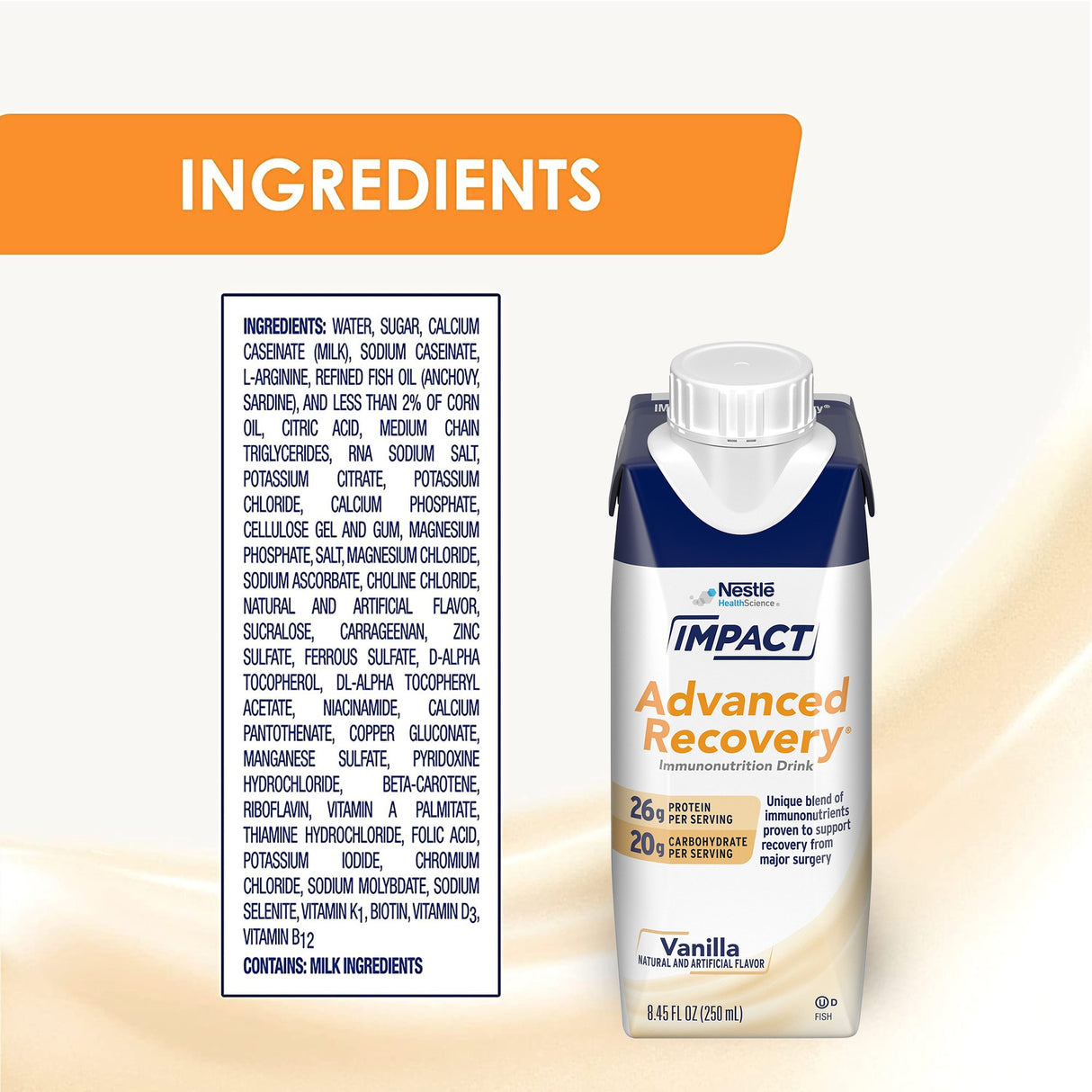 Nestle Nutrition Impact Advanced Recovery Immunonutrition Drink, Vanilla (CS/10), shown beside its box highlighting 26g protein and 20g arginine per serving—formulated to aid wound healing and surgical recovery.