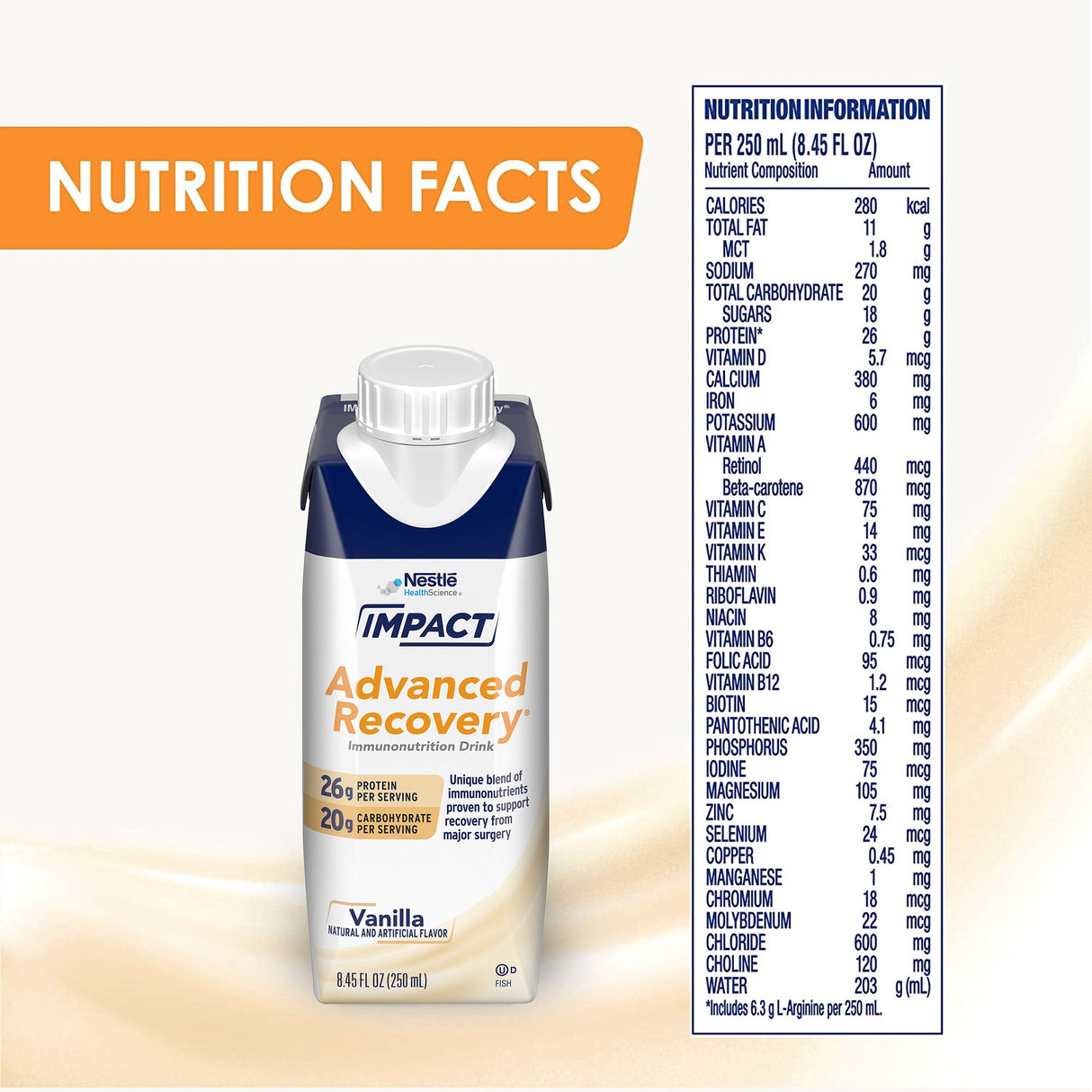 Nestle Nutrition Impact Advanced Recovery Immunonutrition Drink, Vanilla, CS/10: Each 250 mL carton provides 260 calories, 26g protein, 20g sugar, plus vitamins and minerals—formulated to support wound healing and surgical recovery.