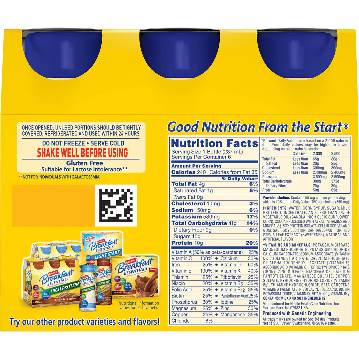 Back of a Nestle Nutrition Carnation Breakfast Essentials, 8 oz Bottle, Rich Milk Chocolate shows nutrition facts, shake-before-use instructions, gluten free and lactose intolerance info, plus images of different product varieties.