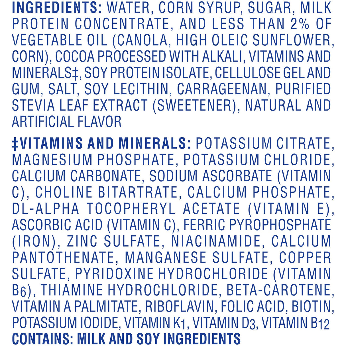 A close-up of the Nestle Carnation Breakfast Essentials, 8 oz Bottle, Rich Milk Chocolate label from Nestle Nutrition shows ingredients like water, corn syrup, soy protein, milk chocolate, vitamins C, E, D3, and a note on soy content.