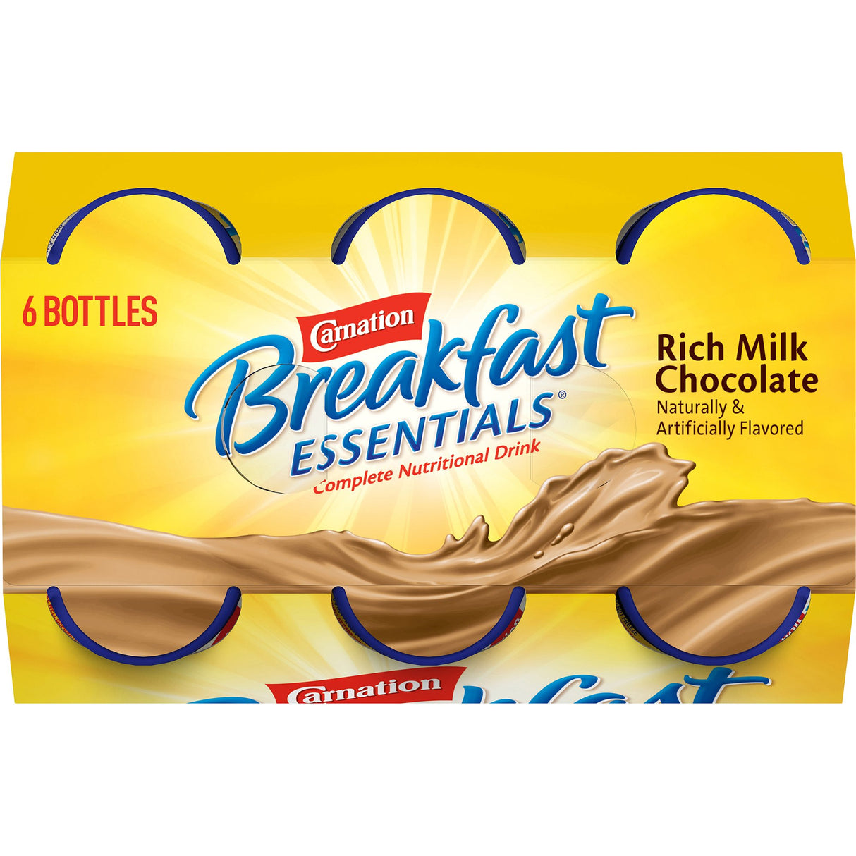 A yellow 6-pack box of Nestle Nutrition Carnation Breakfast Essentials Rich Milk Chocolate, 8 oz bottles, with a splash of chocolate and Complete Nutritional Drink plus 6 BOTTLES on the front.