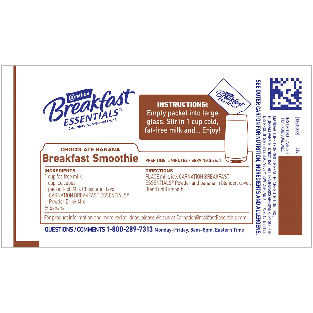 Nestle Nutrition Carnation Breakfast Essentials Powder Drink Mix, Rich Milk Chocolate. Instructions and ingredients listed; QR code and contact info on the right. Brown and blue text on white background.