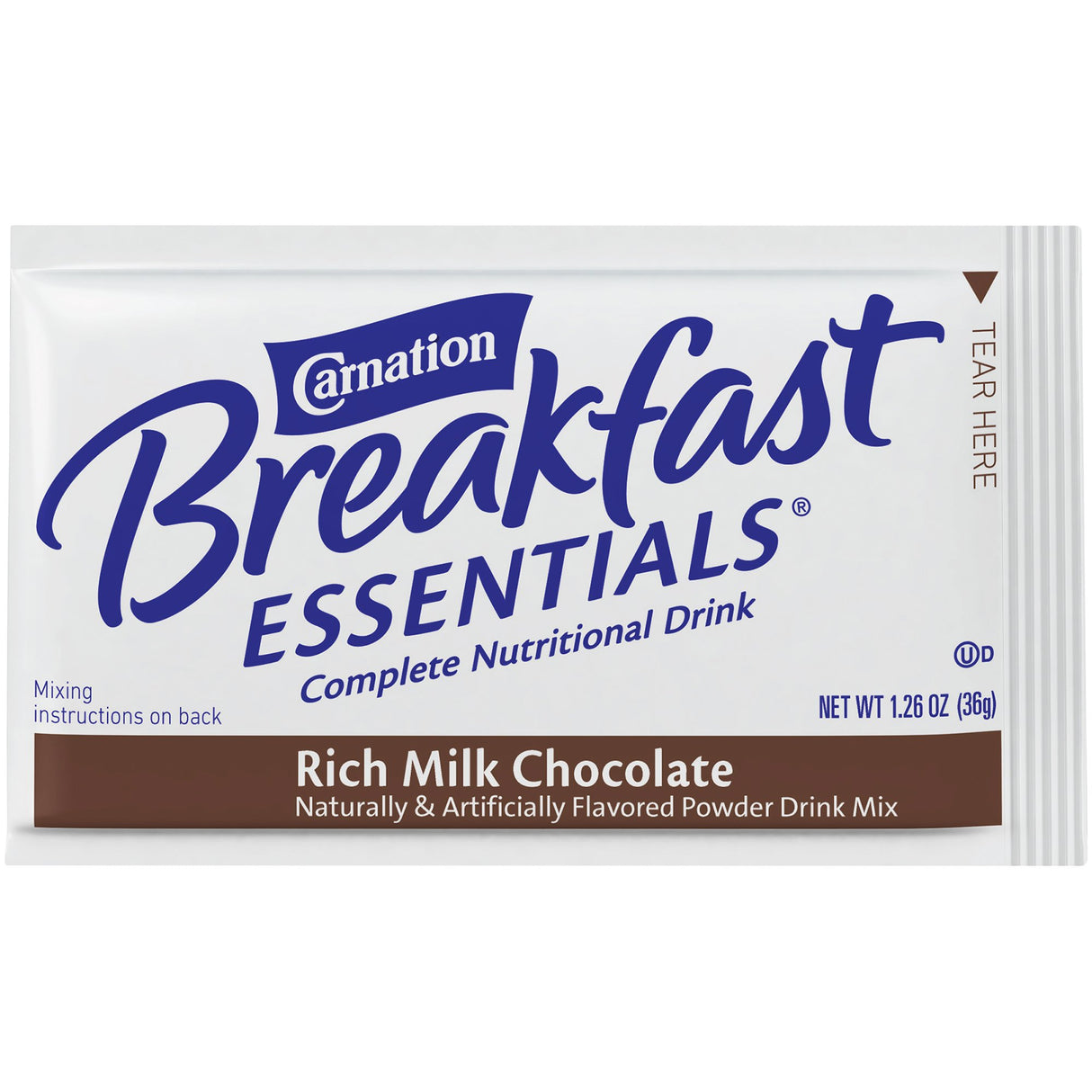 The front of a Nestle Nutrition Carnation Breakfast Essentials Powder Drink Mix, Rich Milk Chocolate, features a white packet with blue and brown text and contains a chocolate-flavored protein powder for a complete nutritional drink.
