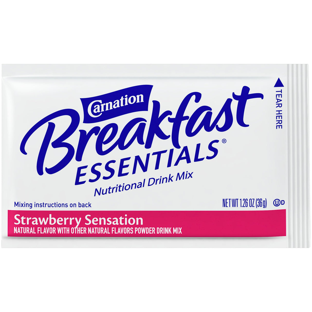 A packet of Nestle Nutrition Carnation Breakfast Essentials Powder Drink Mix, Strawberry Sensation—an easy-to-mix strawberry protein powder for a quick nutritious boost. White packet with blue and pink accents; mixing instructions on the back.