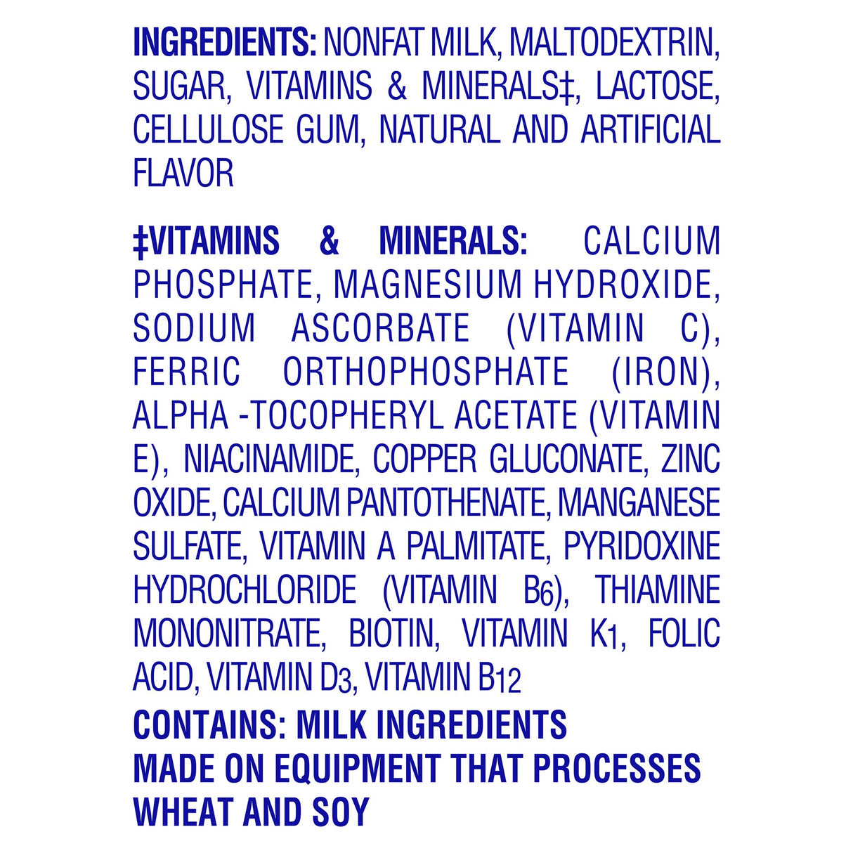 The ingredient and nutrition label for Nestle Nutrition Carnation Breakfast Essentials Powder Drink Mix, French Vanilla lists milk, sugar, maltodextrin, vitamins, minerals, and allergens such as wheat and soy; some ingredients appear in bold or caps for emphasis.