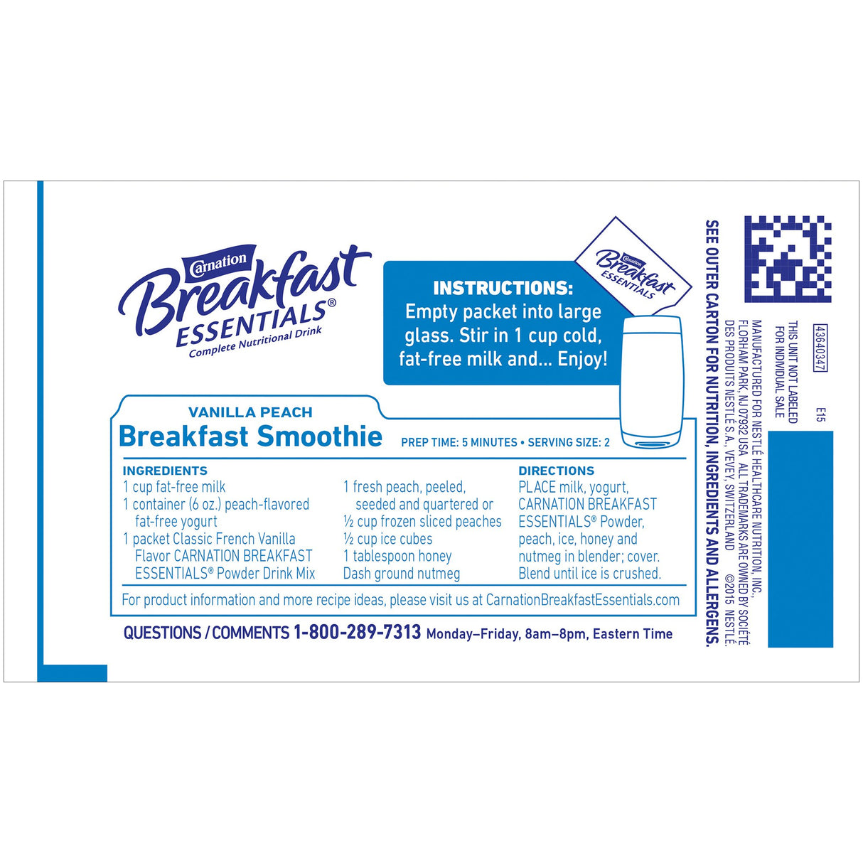 A packet label for Nestle Nutrition Carnation Breakfast Essentials Powder Drink Mix, French Vanilla. It displays ingredients, mixing instructions, prep time, and contact info on a white and blue background.
