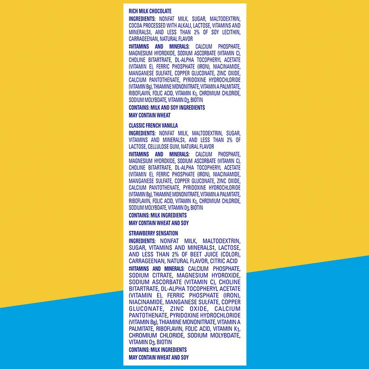 The nutrition label for Nestle Nutritions Carnation Breakfast Essentials Powder Drink Mix Variety Pack lists rich milk chocolate, classic french vanilla, and strawberry sensation flavors. The yellow-blue background notes allergens: milk, wheat, and soy.