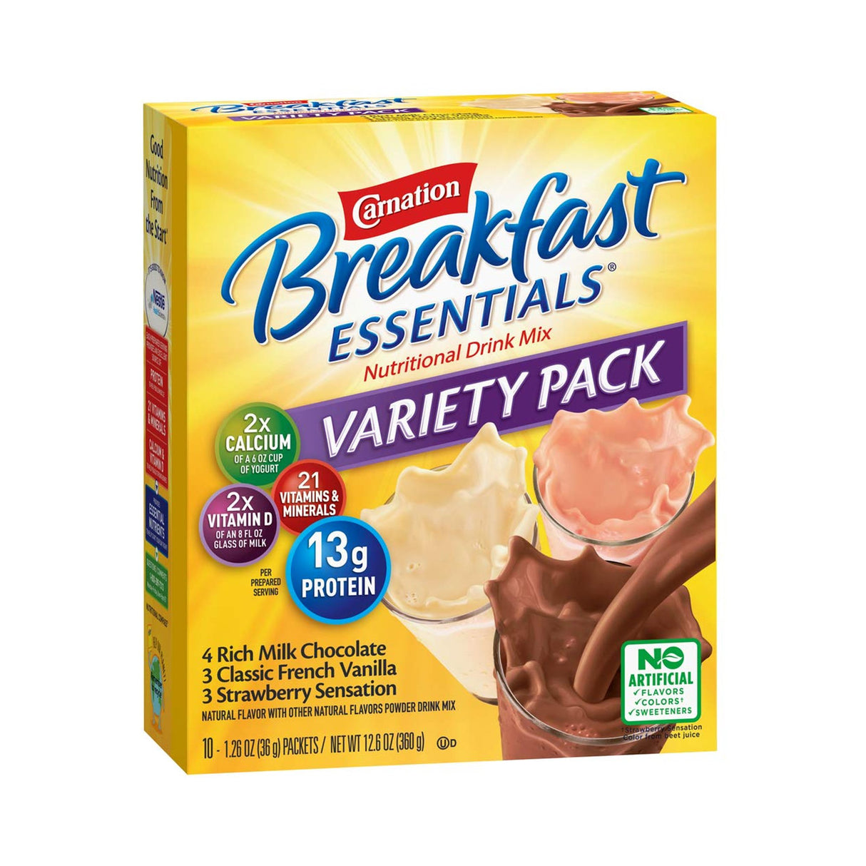Front view of a Nestle Nutrition Carnation Breakfast Essentials Powder Drink Mix, Variety Pack box, showing chocolate, vanilla, and strawberry flavors with nutrition highlights and product info on a yellow background.
