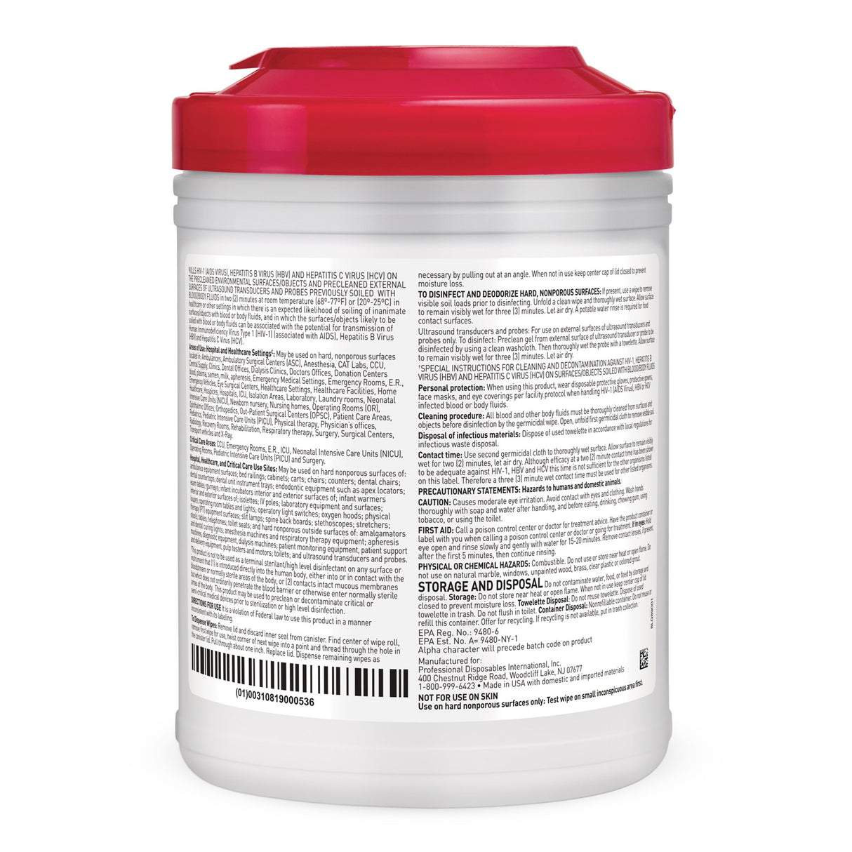 A white Nice Pak Sani-Cloth Plus Germicidal Disposable Wipes container with a red lid features black text instructions, ingredients, and caution warnings. This EPA-registered Nice Pak product includes a barcode at the bottom for scanning.