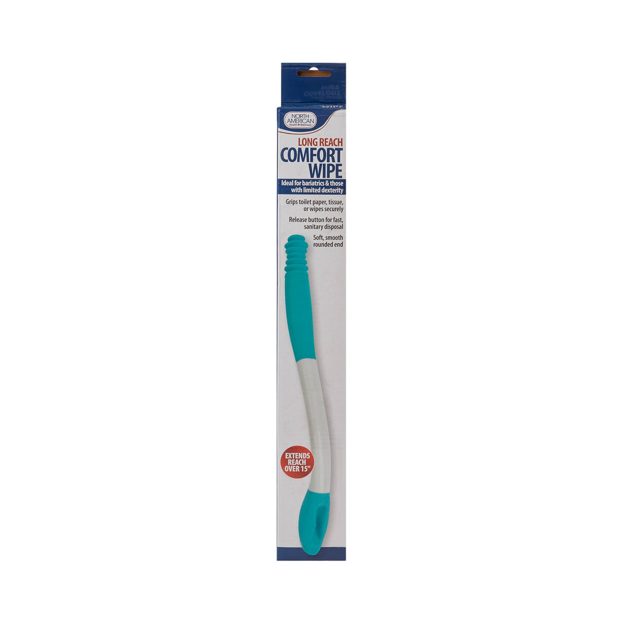 The Jobar North American Health + Wellness Long Reach Comfort Wipe Toileting Aid is a personal hygiene aid with a teal and white ergonomic handle, designed to assist individuals in wiping easily and comfortably.