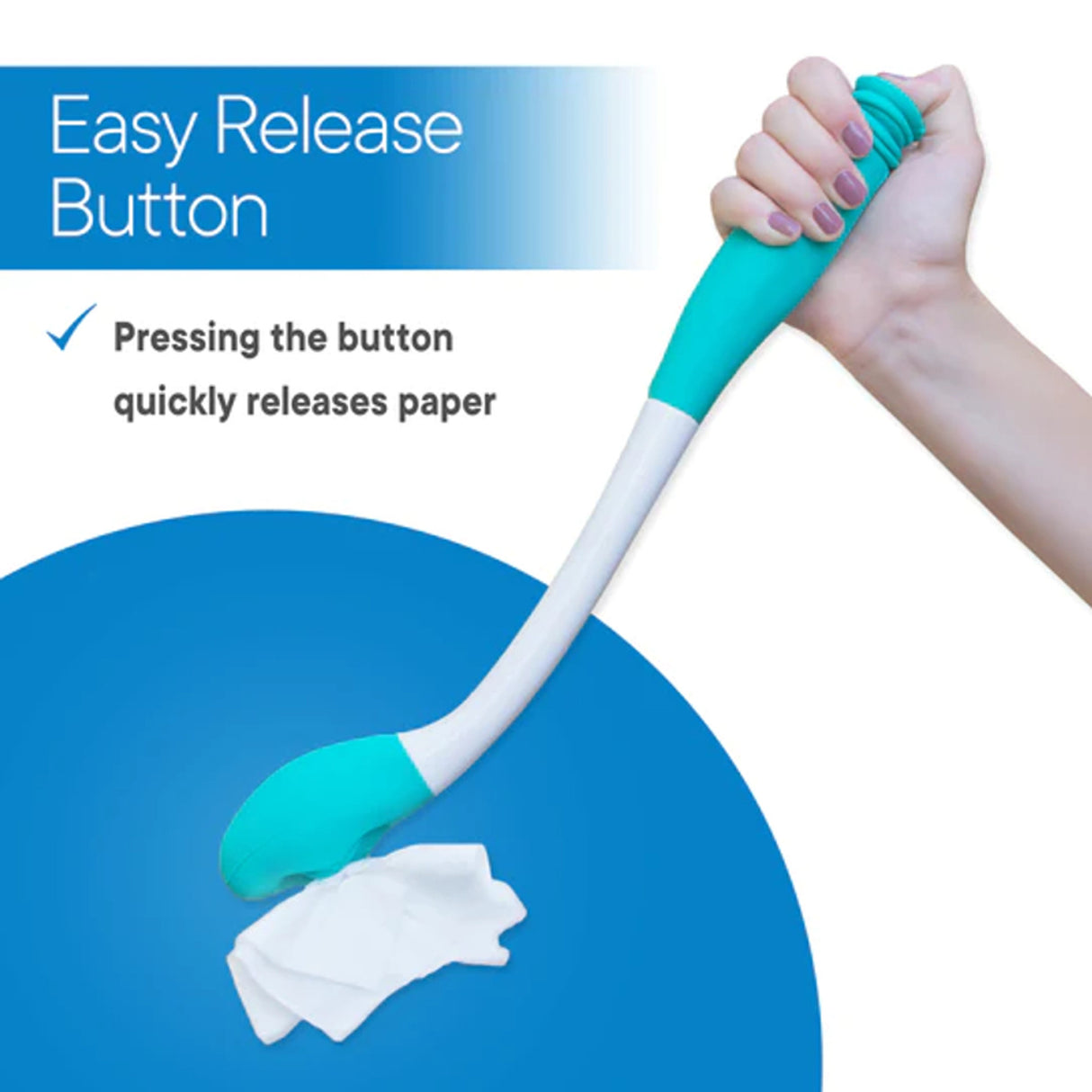 A hand holds the North American Health + Wellness Long Reach Comfort Wipe Toileting Aid by Jobar, with tissue at the end; text reads: Easy Release Button – Press to quickly release paper.