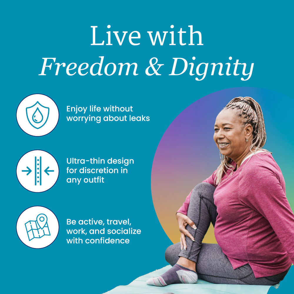 Smiling woman with braided hair stretches on a mat. Text: Live with Freedom & Dignity, featuring NorthShore DynaDry Pads, Ultimate for maximum absorbency, leak protection, and an ultra-thin design—stay active and confident. Blue background.
