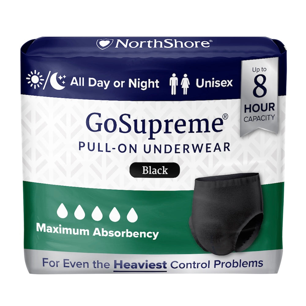 NorthShore GoSupreme Pull-On Underwear, a black unisex adult diaper by NorthShore, offers maximum absorbency and overnight protection for up to 8 hours. Suitable for all-day or night use. Package displays product image.