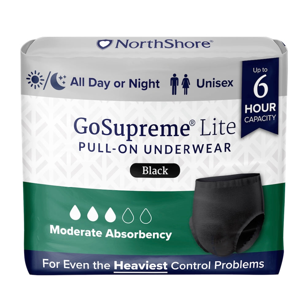 NorthShore GoSupreme Lite Pull-On Underwear by NorthShore is unisex, black, and suitable for day or night. Designed for adults with moderate absorbency needs, it lasts up to 6 hours, even for heavy control issues. Image of underwear included.