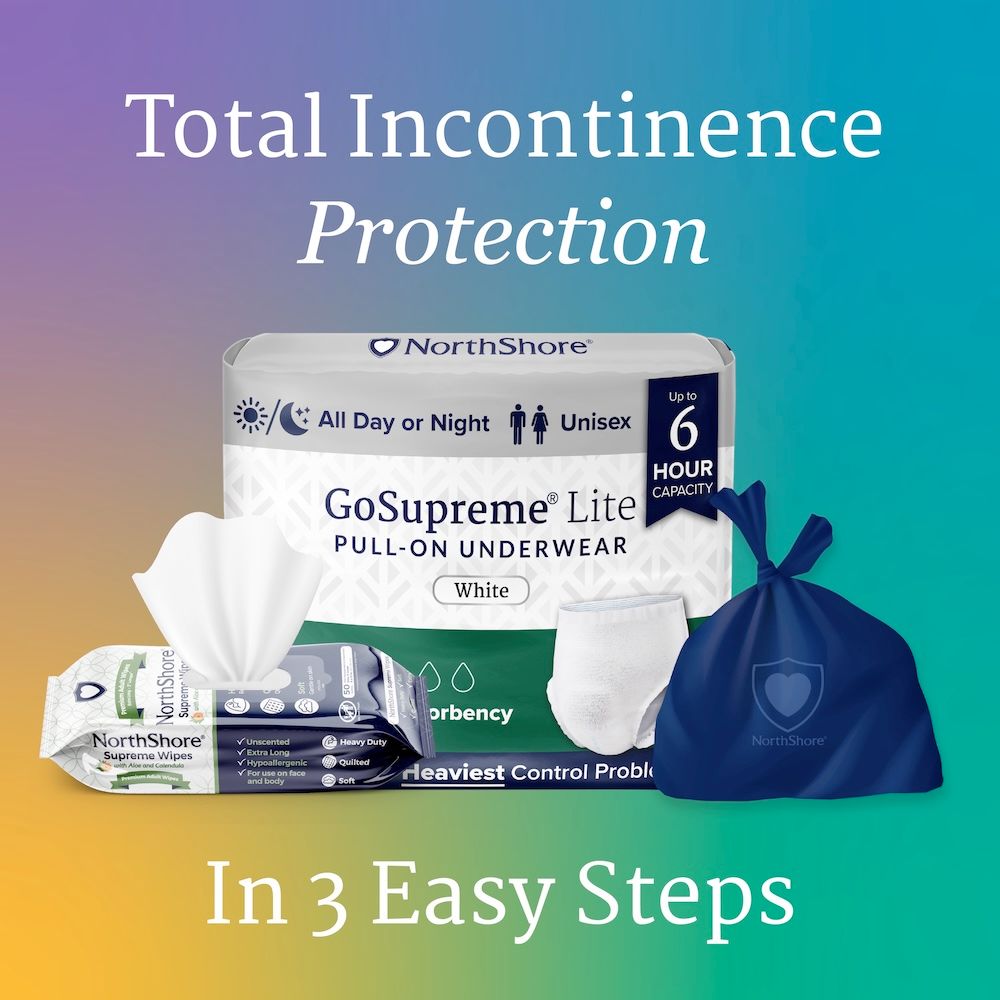 A package of NorthShore GoSupreme Lite Pull-On Underwear, wipes, an absorbent pad, and a blue discreet bag are displayed on a gradient background with the text: Total Incontinence Protection in 3 Easy Steps. Moderate absorbency. Brand: NorthShore.