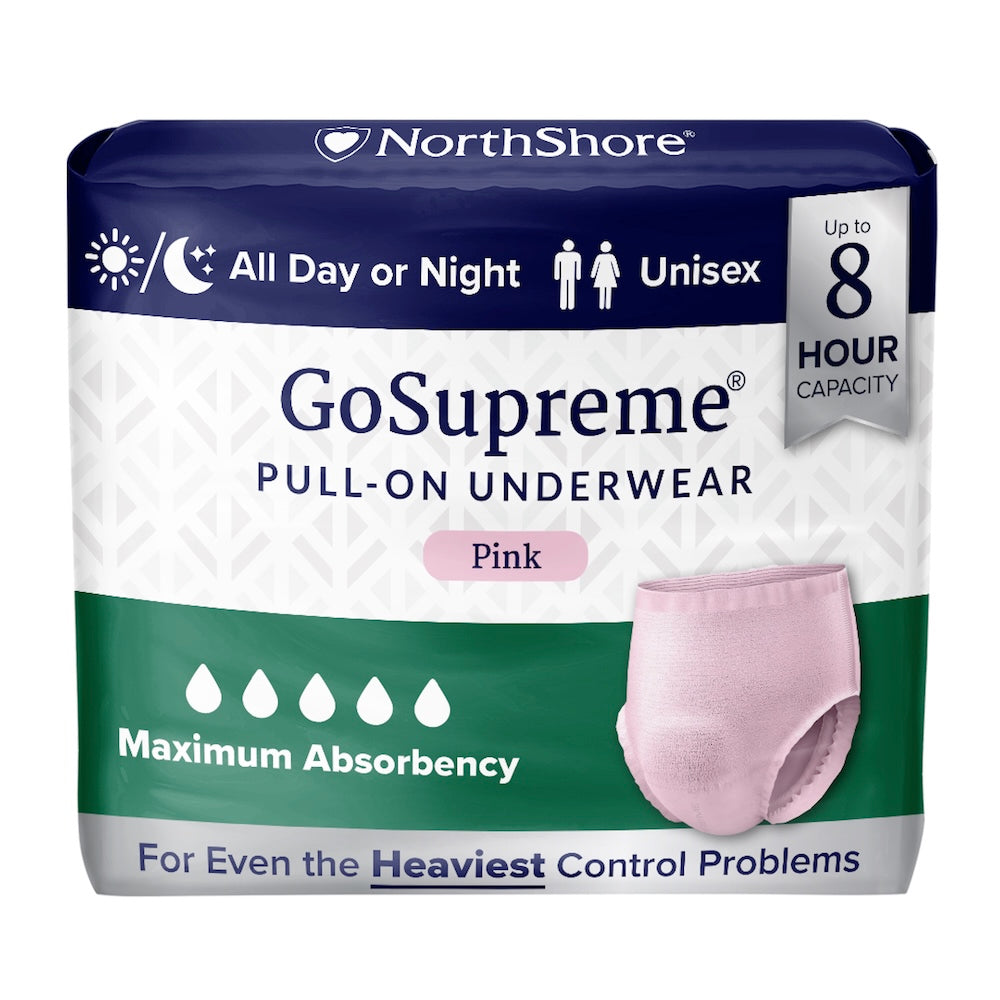 NorthShore GoSupreme Pull-On Underwear by NorthShore offers maximum absorbency and overnight, unisex protection for up to 8 hours—ideal for heavy control needs. Shown in pink with image of the product.