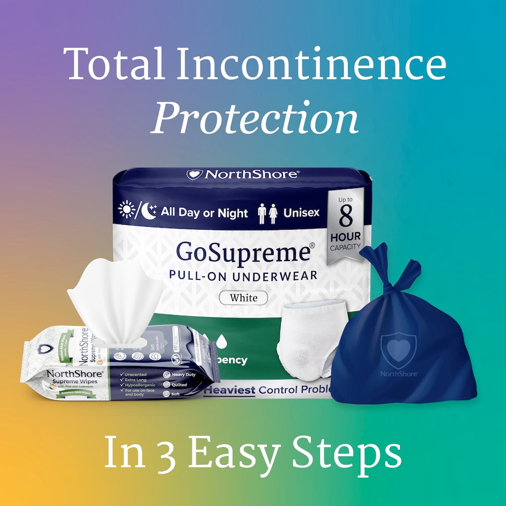 NorthShore GoSupreme Pull-On Underwear, Supreme Wipes, and a blue disposal bag are displayed on a gradient background with the words: Total Incontinence Protection In 3 Easy Steps.