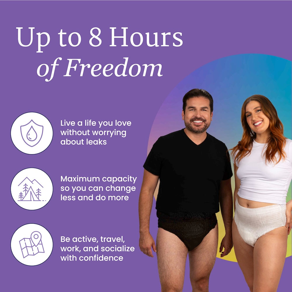 Two smiling adults wear NorthShore GoSupreme Pull-On Underwear. Text reads: Up to 8 Hours of Freedom with icons highlighting overnight protection, leak prevention, and confidence for active lifestyles. Brand: NorthShore.