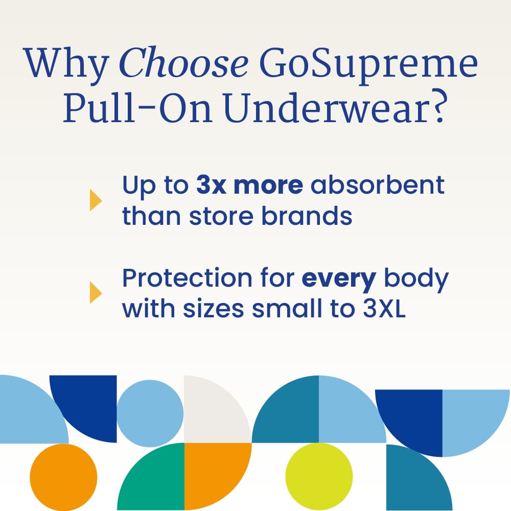 Promotional graphic for NorthShore GoSupreme Pull-On Underwear highlights up to 3x more absorbency than store brands and maximum overnight protection, available in sizes small to 3XL, with abstract colorful shapes at the bottom.