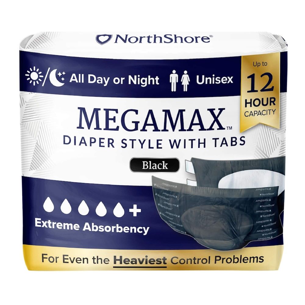NorthShore MEGAMAX Adult Diapers by NorthShore offer maximum absorbency, up to 12-hour capacity, and overnight incontinence protection. Unisex and All Day or Night labeled, the black design is ideal for even the heaviest control needs.