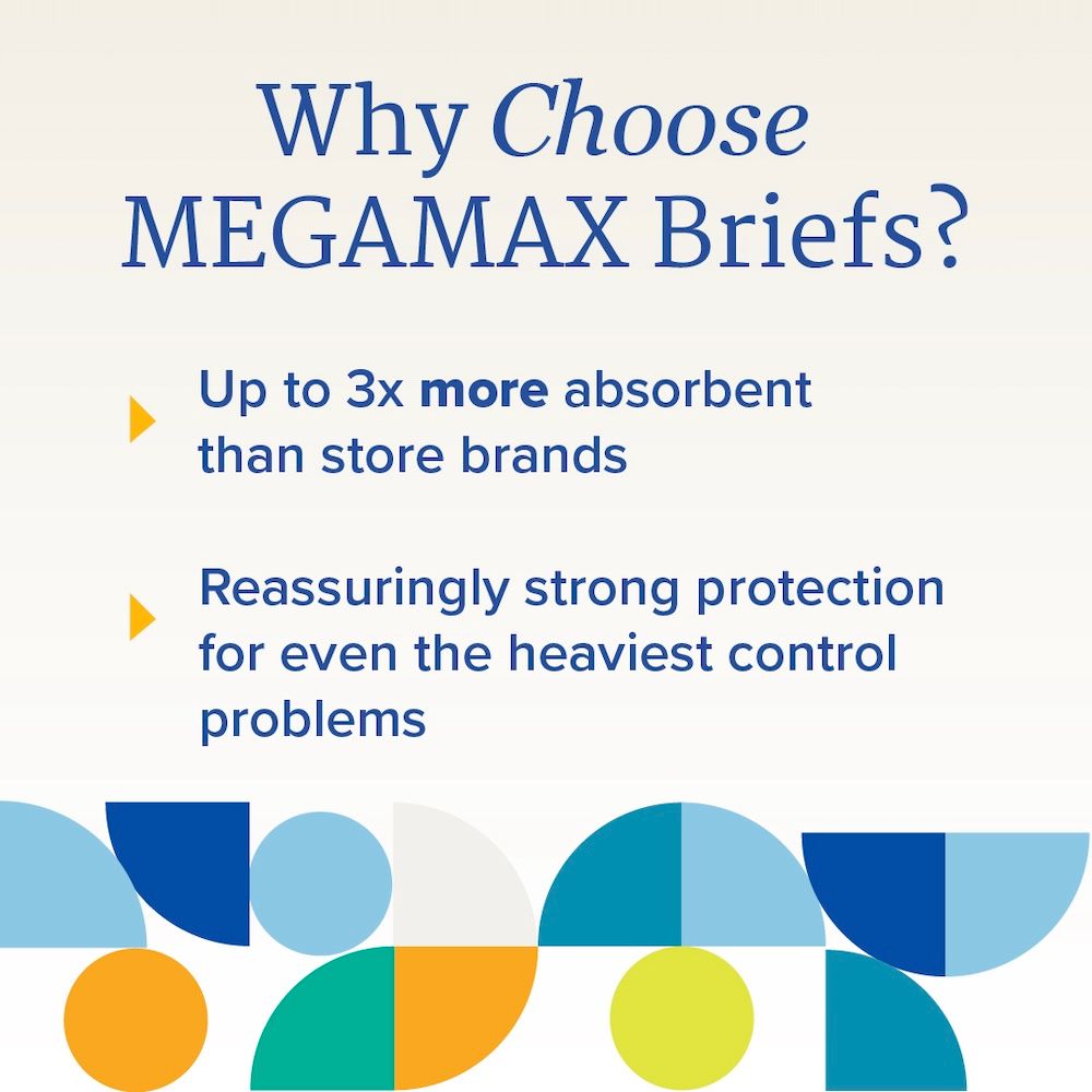 Image text reads: NorthShore MEGAMAX Adult Diapers deliver up to 3x more absorbency for reliable overnight incontinence protection. Designed by NorthShore for maximum strength—even during heavy control needs. Abstract colorful shapes at the bottom.