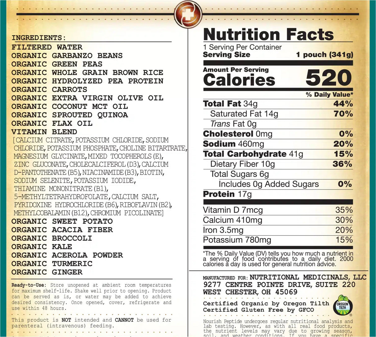 The Nourish Pediatric Peptide Organic Tube Feeding Formula and Oral Supplement by Functional Formularies contains organic garbanzo beans, brown rice, carrots, and flax oil, with 520 calories, 34g fat, 41g carbs, and 17g protein per serving.