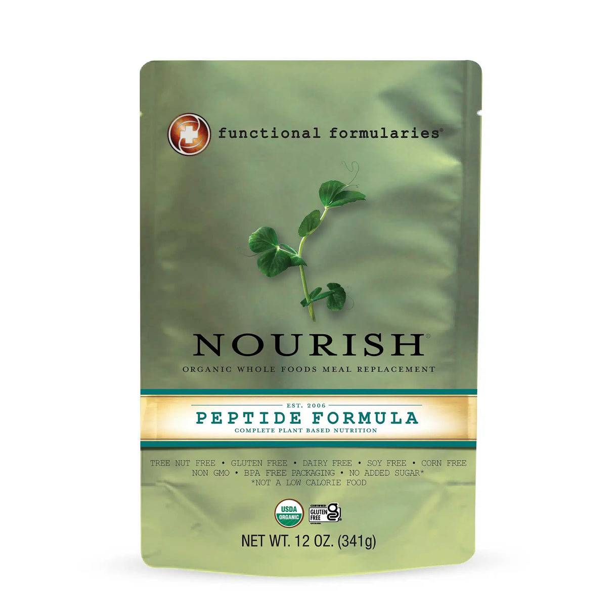 A green pouch of Functional Formularies Nourish Pediatric Peptide Organic Tube Feeding Formula and Oral Supplement, Unflavored. The label features pea vines and notes its tube-friendly, gluten-free, dairy-free, USDA Organic, and non-GMO.