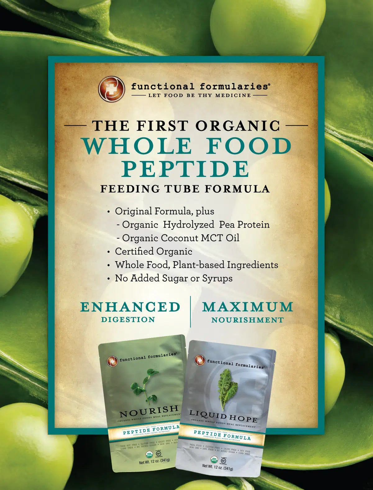 A promotional poster for Functional Formularies’ Nourish Pediatric Peptide Organic Tube Feeding Formula and Oral Supplement, Unflavored, highlights organic ingredients and no added sugar. Images of Nourish pouches appear at the bottom.