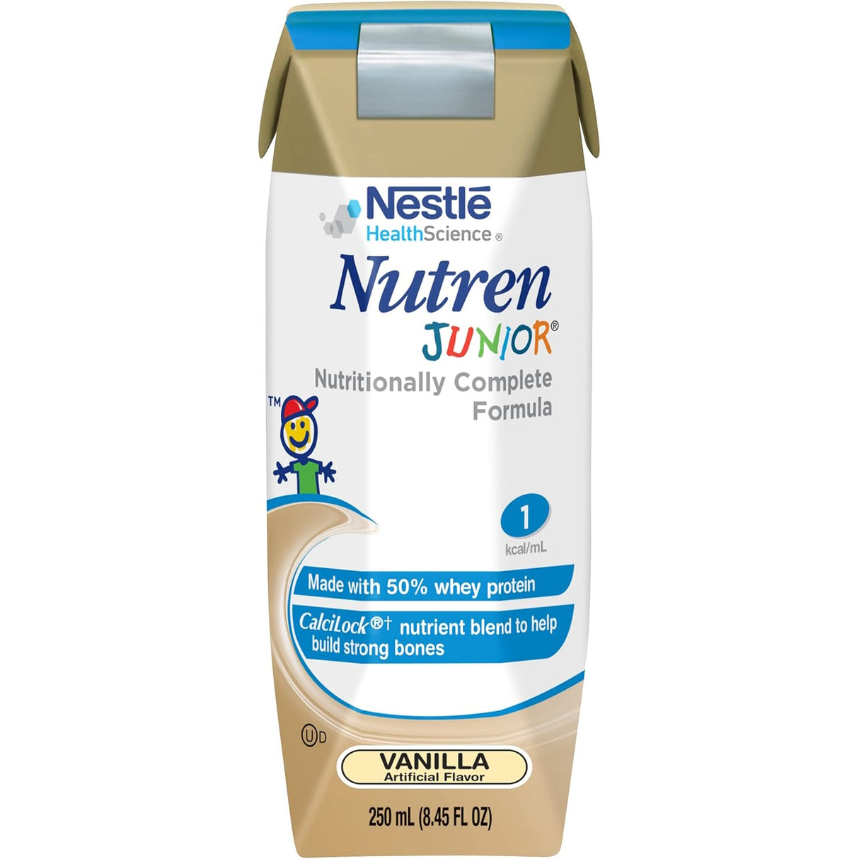 Nestle Nutrition Nutren Junior 1.0 Cal Pediatric Supplement, Vanilla (250mL), is a nutritionally complete kids’ drink with 50% whey protein for growing children and strong bones. Available in case of 24 cartons.