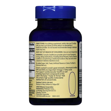 A blue Foster & Thrive Omega-3 Fish Oil Supplement bottle with a yellow label lists directions, warnings, ingredients, and the manufacturer. It highlights EPA and DHA for heart health and includes storage instructions.